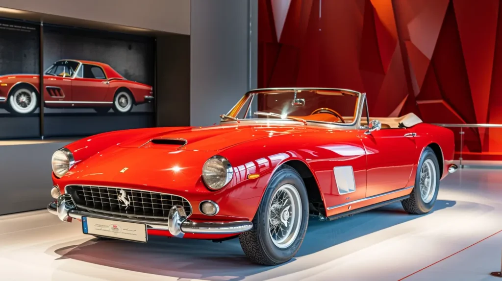 Ferrari 250 GT California Spyder vermelho exposto em museu com design de interiores moderno