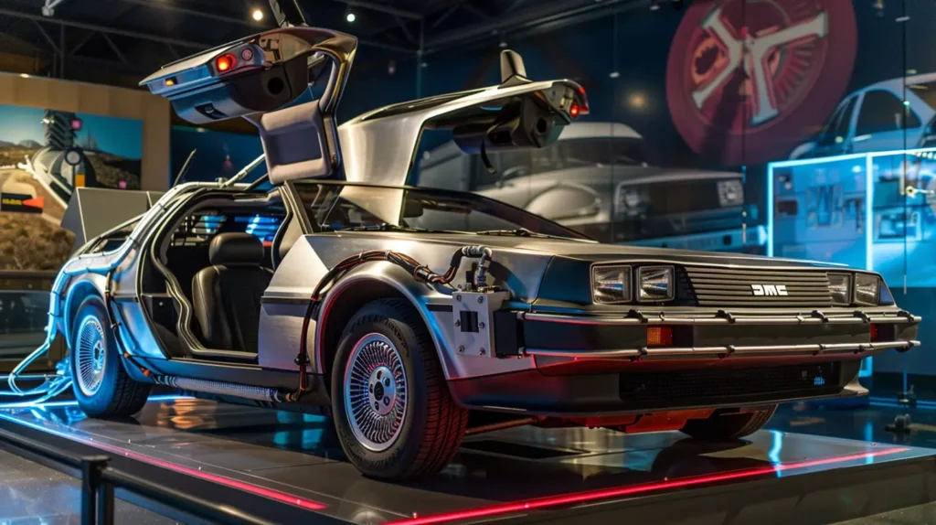 DeLorean DMC-12 com portas asa de gaivota abertas, preparado para 'viajar no tempo', em exibição