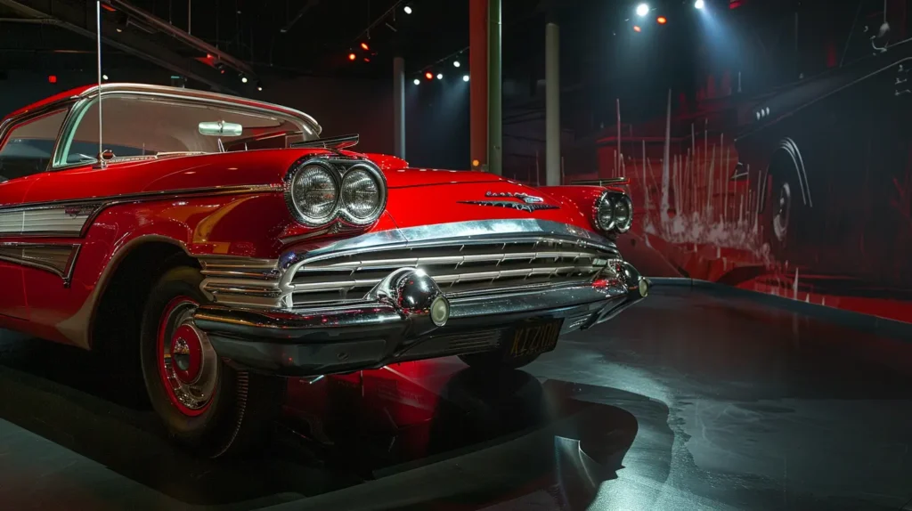 Plymouth Fury vermelho e branco, conhecido como Christine, sob iluminação dramática em uma exposição