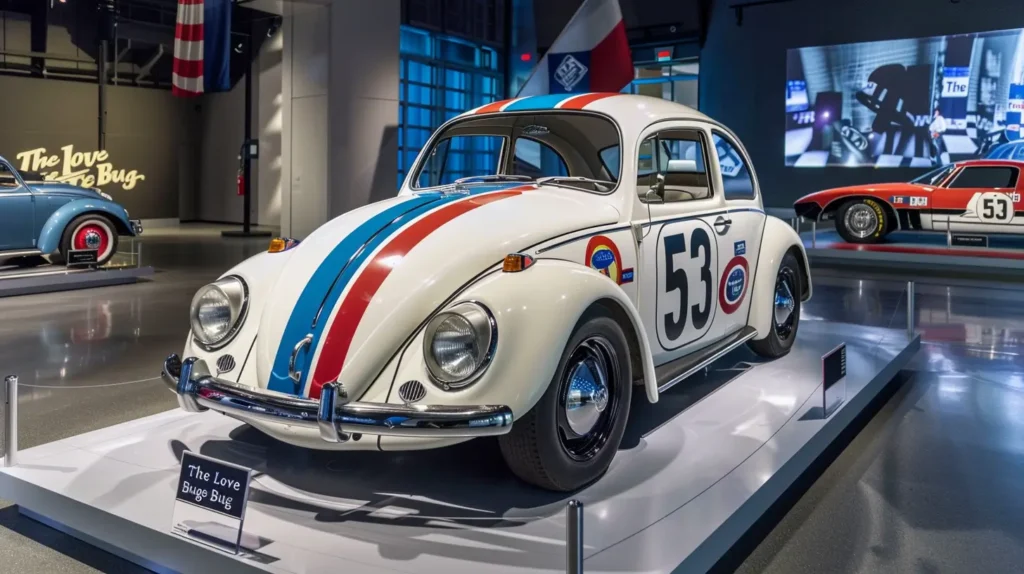 Volkswagen Fusca branco com listras de corrida azuis e vermelhas e o número 53, conhecido como Herbie