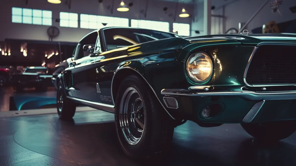 Ford Mustang Shelby GT500 em verde escuro com detalhes em dourado em um showroom, carro do bullit