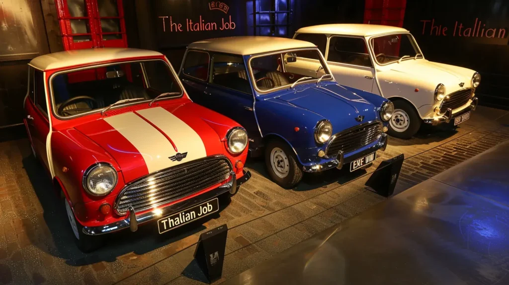 Três Mini Coopers clássicos, nas cores vermelho, branco e azul, em exibição, homenageando 'The Italian Job