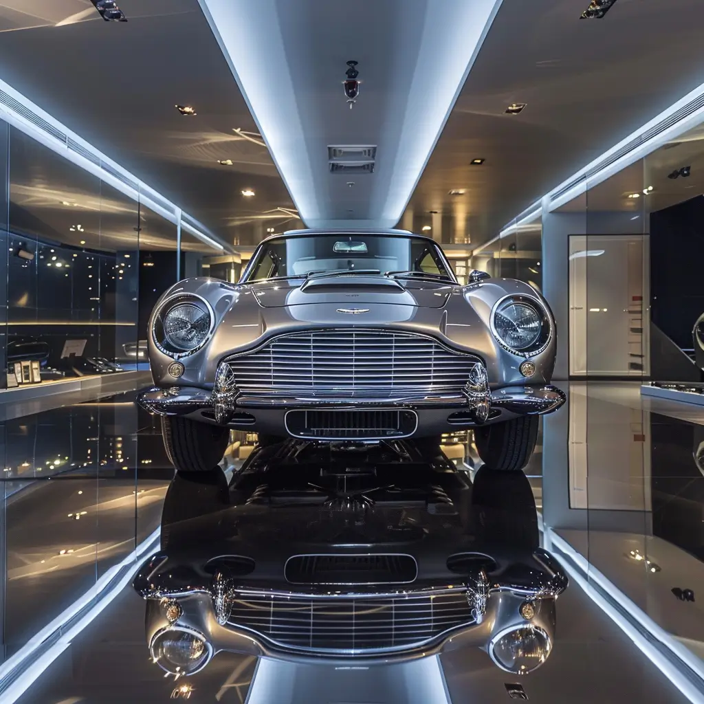 Aston Martin DB5 prateado, carro clássico de James Bond, exibido em galeria de luxo com iluminação neon