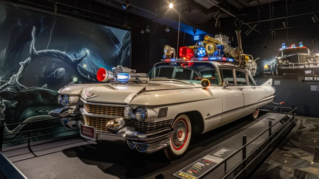 Cadillac Miller-Meteor Ecto-1 dos Caça-Fantasmas em exibição com equipamentos paranormais 